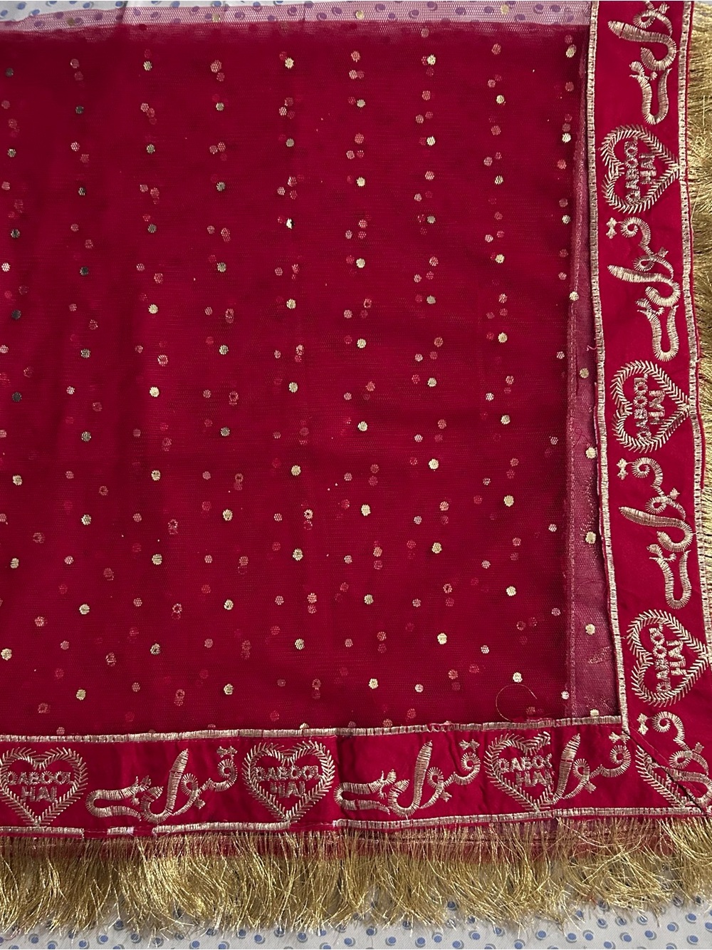 Red Embroidered Scarf with Gold Accents